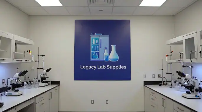 Our first lab space — benches, microscopes, and the Legacy Lab Supplies poster on the wall