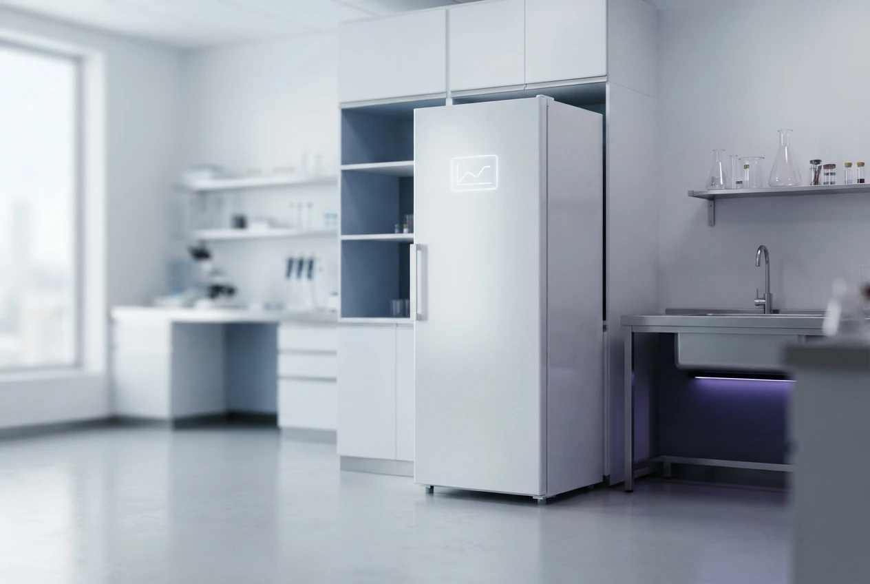 Laboratory freezers showcased in a lab side by side, all in the color white.