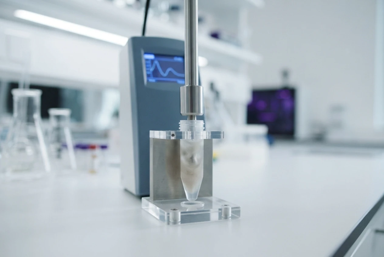 A rotor-stator homogenizer probe processing a tissue sample in a tube.