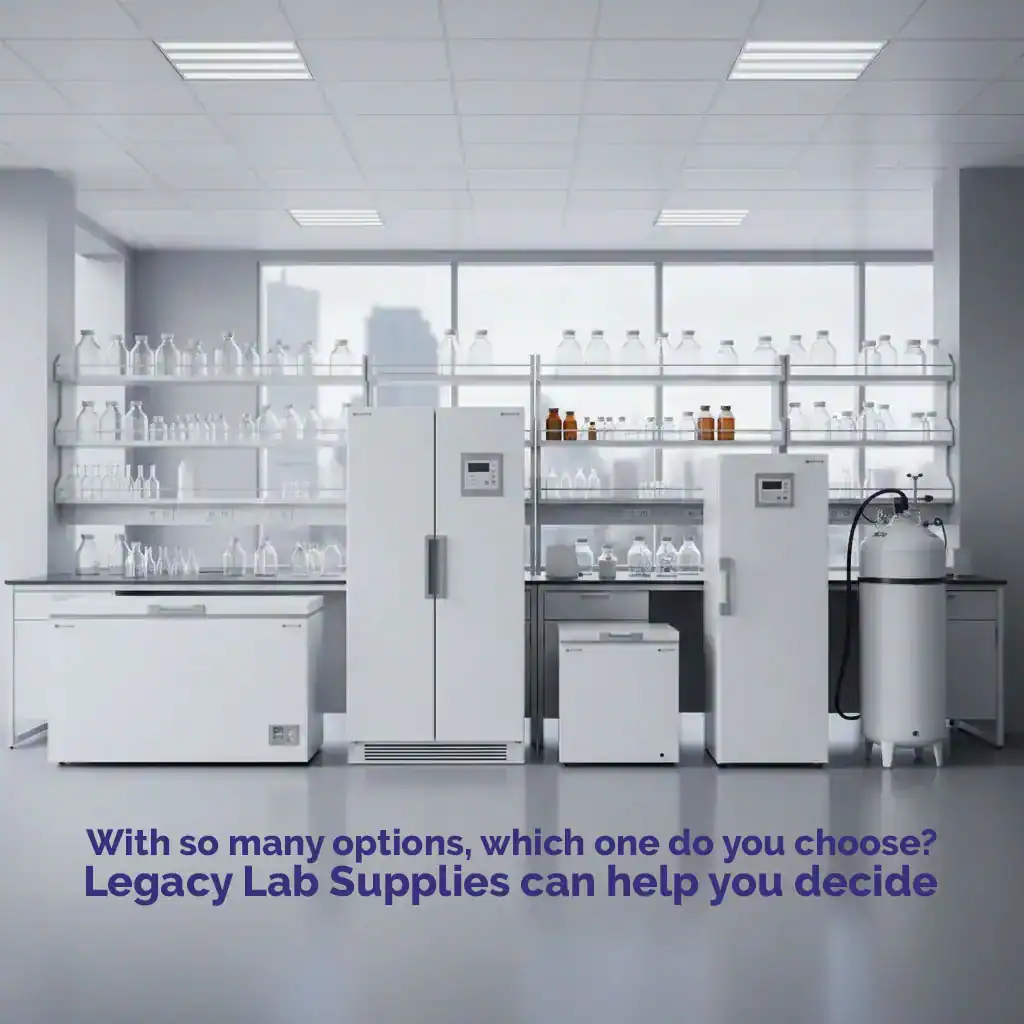 A row of white ultra-low temperature laboratory freezers.