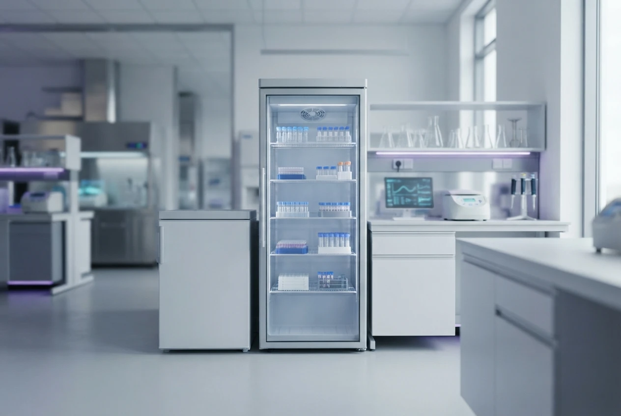A scientist in a white lab coat and blue gloves organizing samples inside a modern, stainless steel medical-grade laboratory refrigerator.