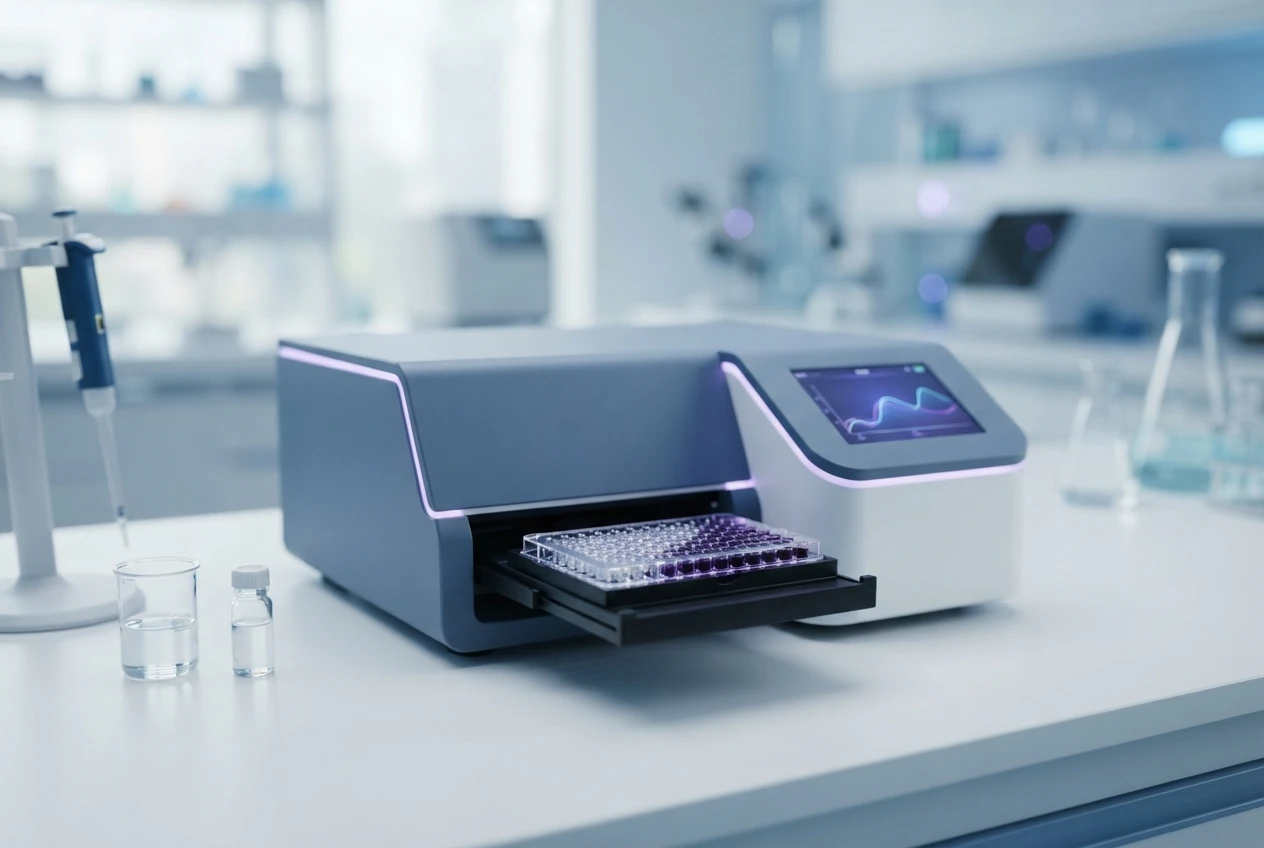 A benchtop microplate reader with a 96-well assay plate on its loading tray.
