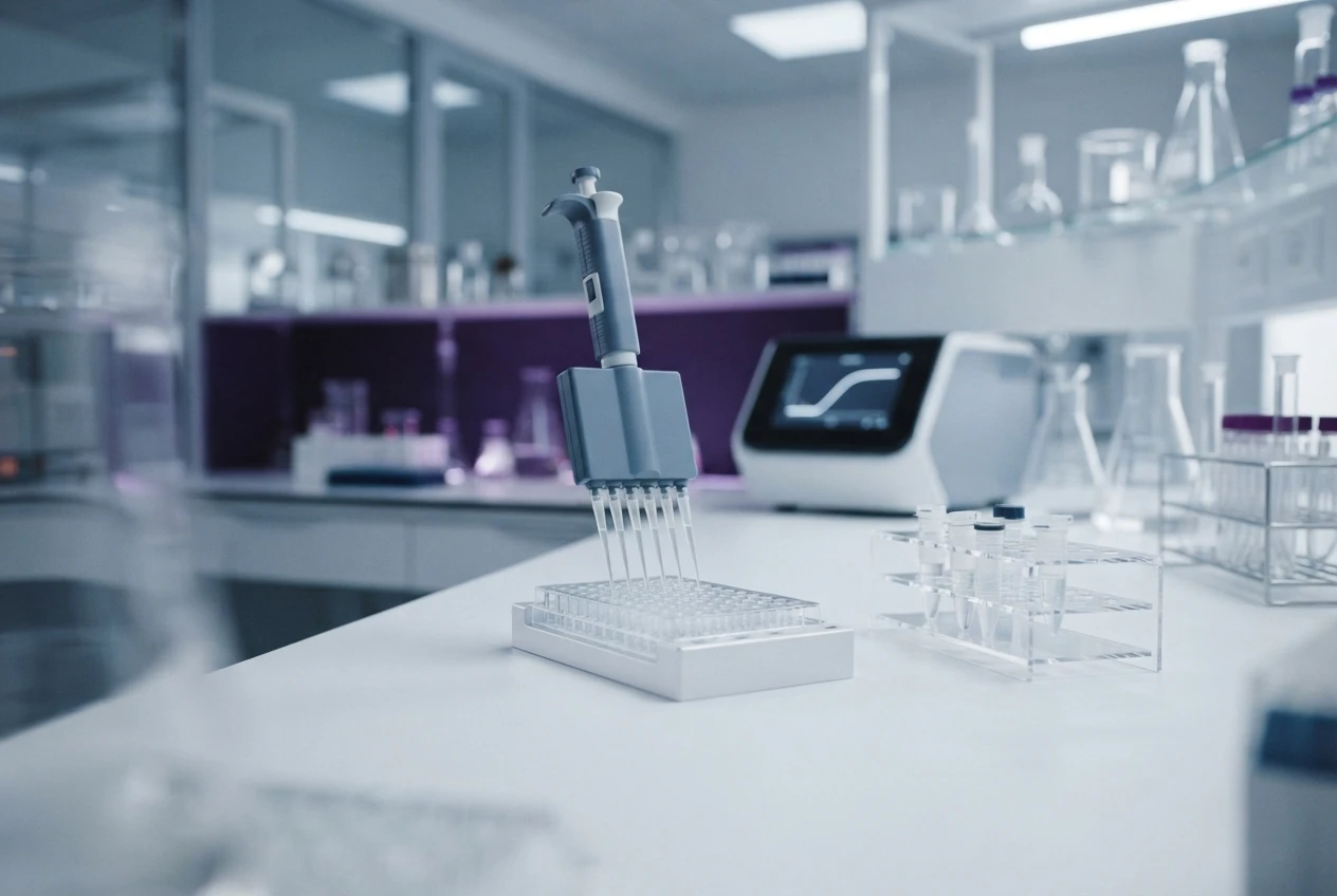 A 96-well qPCR plate being loaded with master mix using a multichannel pipette.
