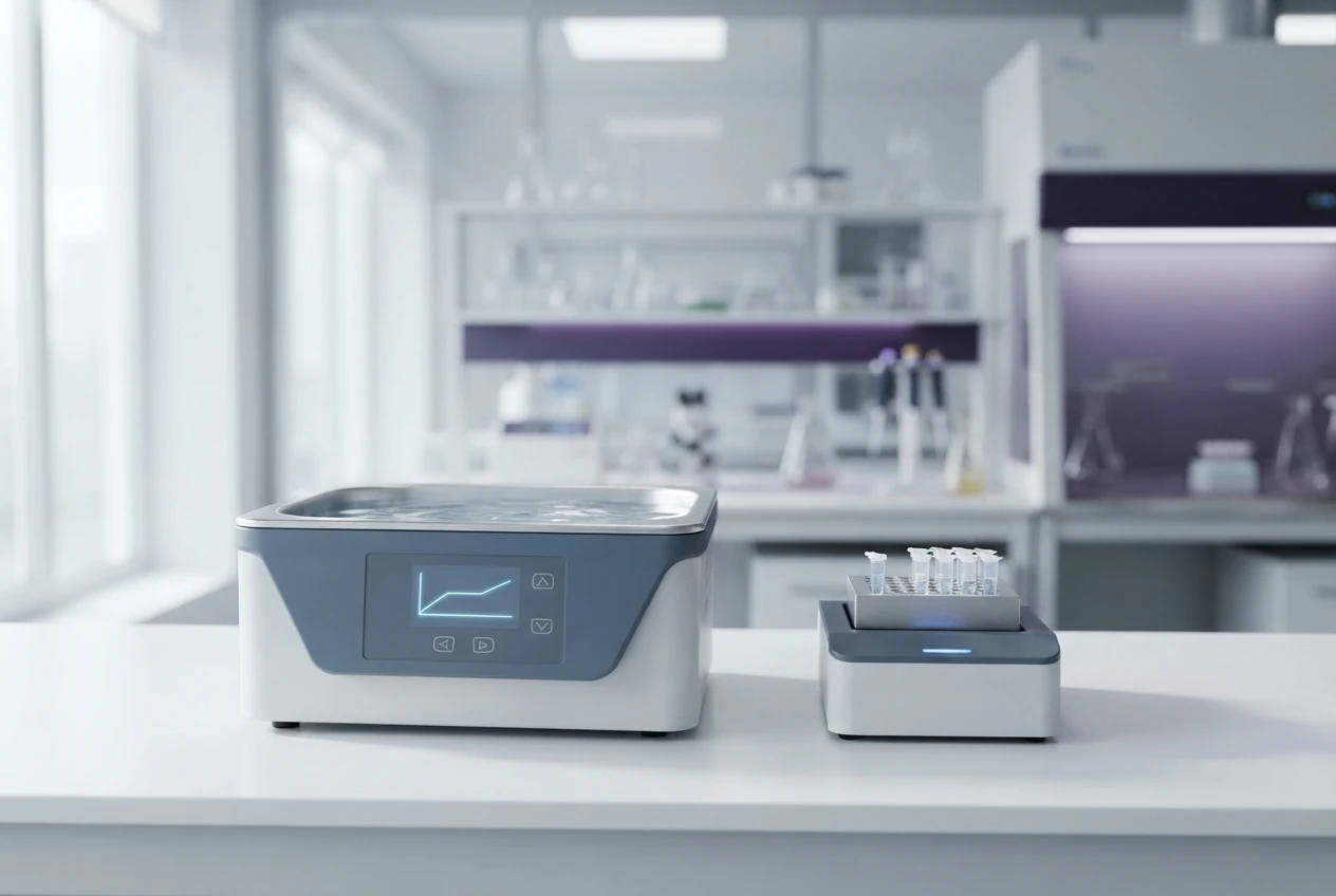 A digital laboratory water bath beside a dry block heater with sample tubes.